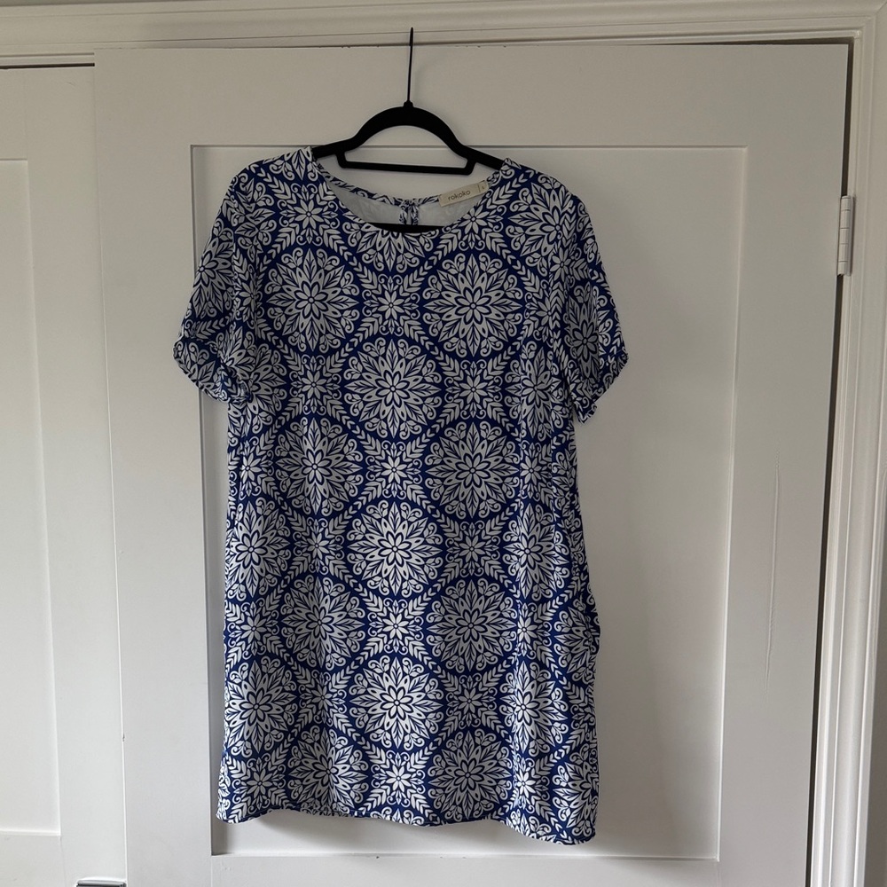 Blue and White Printed Shift Dress